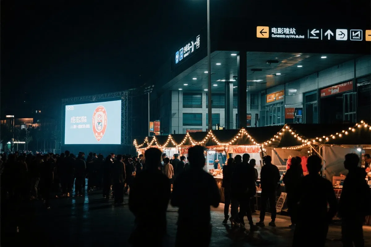 费城球迷广场夜景：大屏观赛人群、步行指示牌与公共交通入口